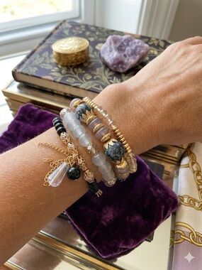 Artisan Multi-Layered Bracelet Stack – Gold Accents Moonstone Obsidian Beads